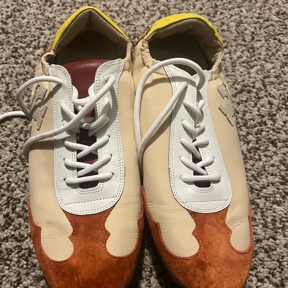 TORY BURCH TORY SNEAKER NYLON/LEATHER/SUEDE T LOGO IVORY/TAN/RUST SZ US 11 - Picture 7 of 8